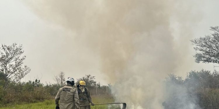 Em Lábrea, bombeiros combatem incêndio em vegetação nas proximidades do aeroporto